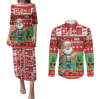 Mele Kalikimaka Hawaii Christmas Couples Matching Puletasi and Long Sleeve Button Shirt Funny Santa 67 Gen Alpha Slang LT05 Red - Polynesian Pride