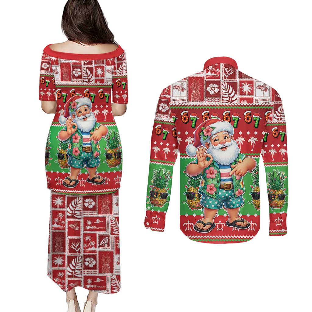Mele Kalikimaka Hawaii Christmas Couples Matching Puletasi and Long Sleeve Button Shirt Funny Santa 67 Gen Alpha Slang LT05 - Polynesian Pride