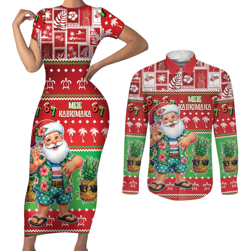 Mele Kalikimaka Hawaii Christmas Couples Matching Short Sleeve Bodycon Dress and Long Sleeve Button Shirt Funny Santa 67 Gen Alpha Slang LT05 Red - Polynesian Pride