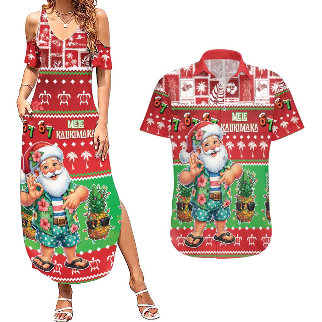 Mele Kalikimaka Hawaii Christmas Couples Matching Summer Maxi Dress and Hawaiian Shirt Funny Santa 67 Gen Alpha Slang LT05 Red - Polynesian Pride