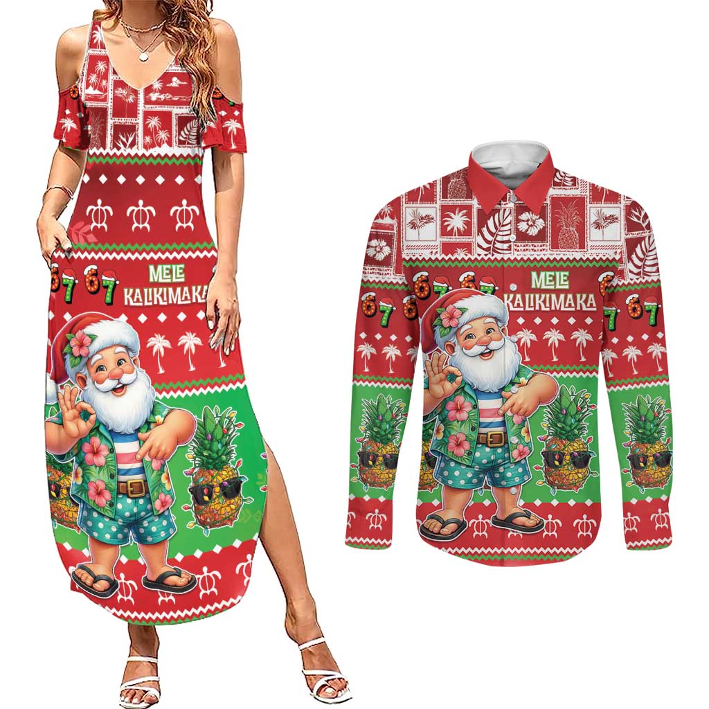Mele Kalikimaka Hawaii Christmas Couples Matching Summer Maxi Dress and Long Sleeve Button Shirt Funny Santa 67 Gen Alpha Slang LT05 Red - Polynesian Pride