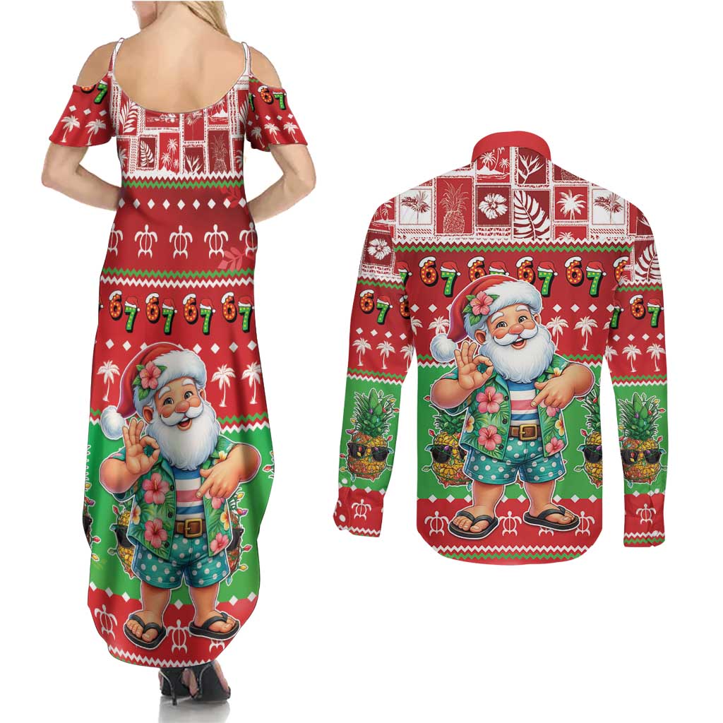 Mele Kalikimaka Hawaii Christmas Couples Matching Summer Maxi Dress and Long Sleeve Button Shirt Funny Santa 67 Gen Alpha Slang LT05 - Polynesian Pride