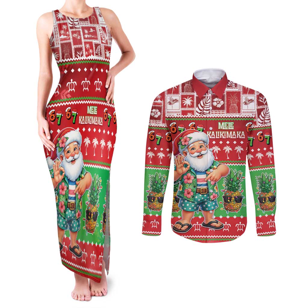 Mele Kalikimaka Hawaii Christmas Couples Matching Tank Maxi Dress and Long Sleeve Button Shirt Funny Santa 67 Gen Alpha Slang LT05 Red - Polynesian Pride