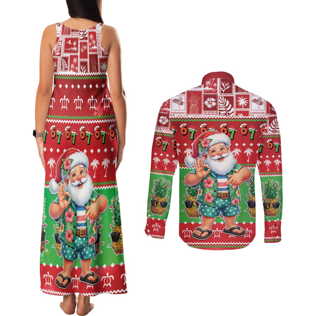 Mele Kalikimaka Hawaii Christmas Couples Matching Tank Maxi Dress and Long Sleeve Button Shirt Funny Santa 67 Gen Alpha Slang LT05 - Polynesian Pride