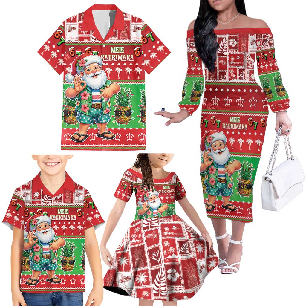 Mele Kalikimaka Hawaii Christmas Family Matching Off The Shoulder Long Sleeve Dress and Hawaiian Shirt Funny Santa 67 Gen Alpha Slang - Polynesian Pride