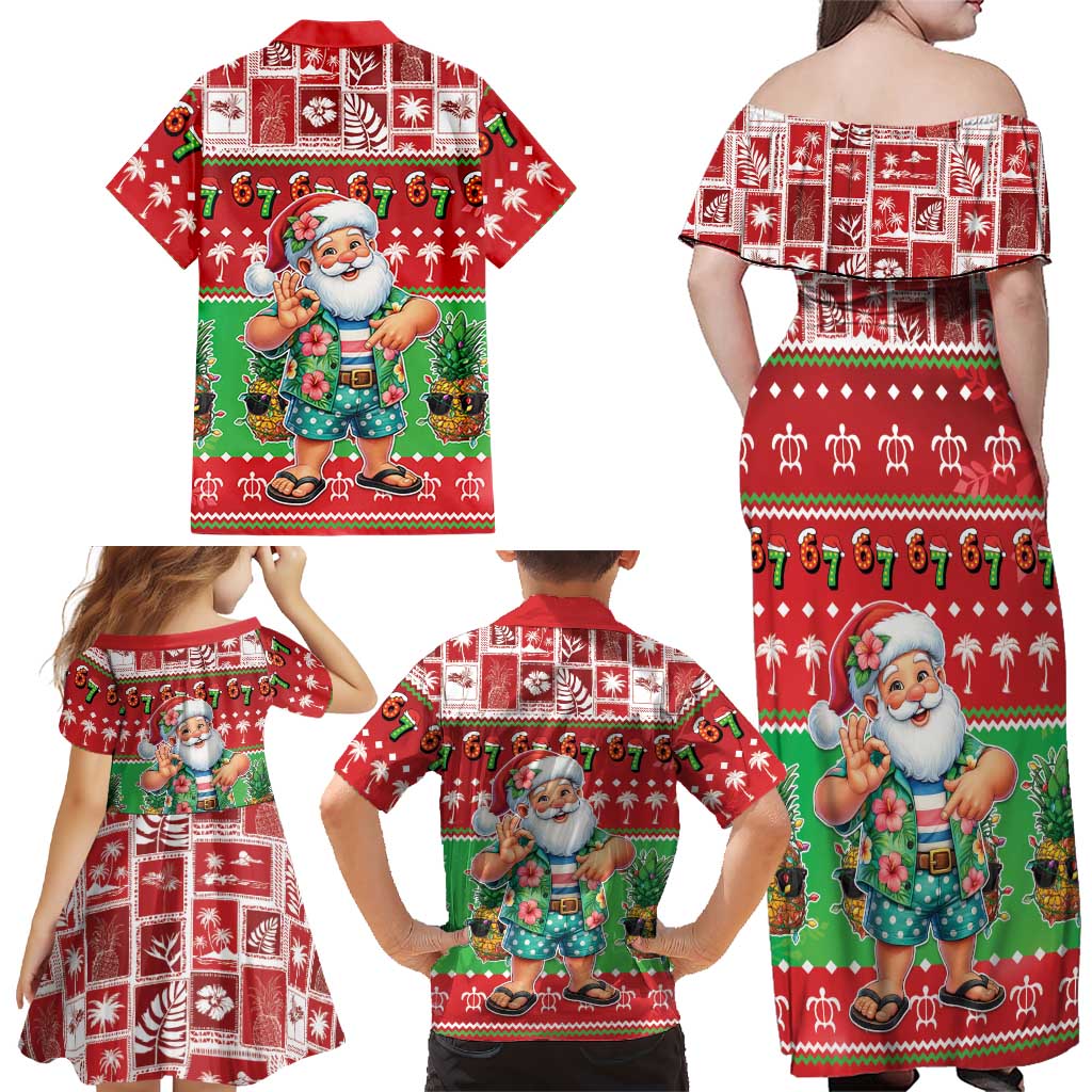 Mele Kalikimaka Hawaii Christmas Family Matching Off Shoulder Maxi Dress and Hawaiian Shirt Funny Santa 67 Gen Alpha Slang LT05 - Polynesian Pride