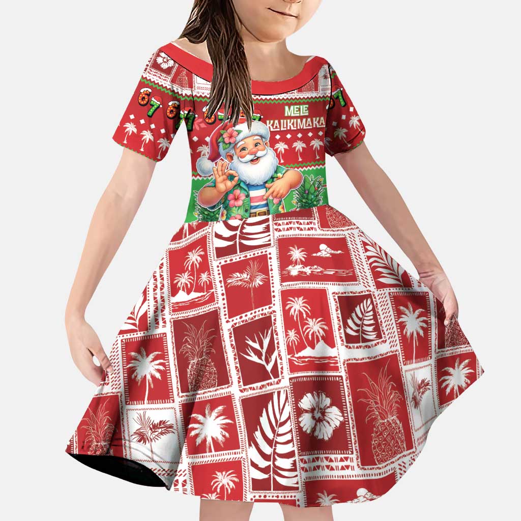 Mele Kalikimaka Hawaii Christmas Family Matching Off Shoulder Short Dress and Hawaiian Shirt Funny Santa 67 Gen Alpha Slang LT05 Daughter's Dress Red - Polynesian Pride