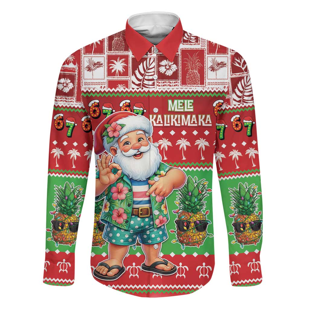 Mele Kalikimaka Hawaii Christmas Family Matching Short Sleeve Bodycon Dress and Hawaiian Shirt Funny Santa 67 Gen Alpha Slang LT05 Dad's Shirt - Long Sleeve Red - Polynesian Pride