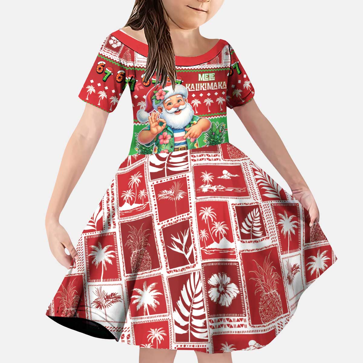 Mele Kalikimaka Hawaii Christmas Kid Short Sleeve Dress Funny Santa 67 Gen Alpha Slang LT05 KID Red - Polynesian Pride