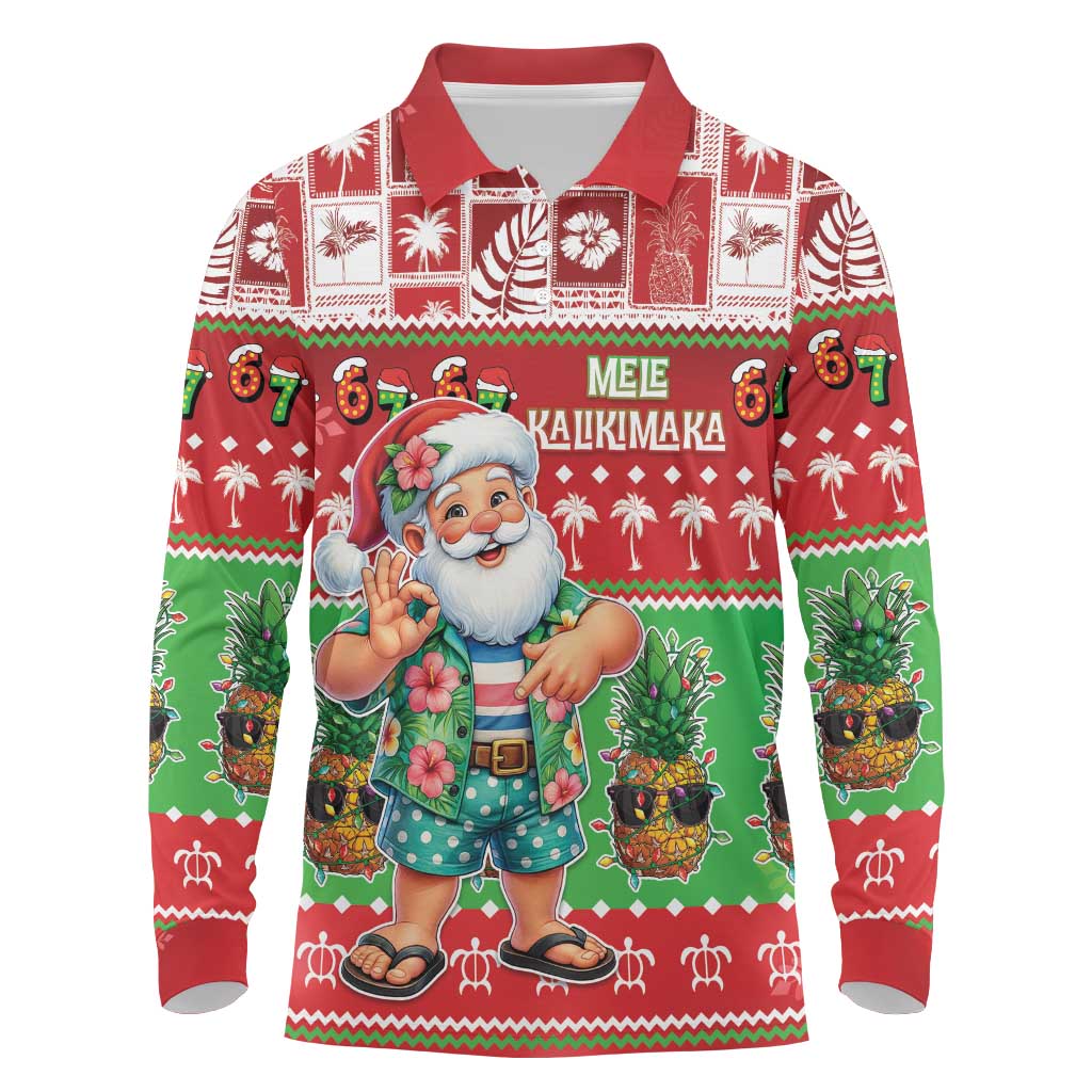 Mele Kalikimaka Hawaii Christmas Long Sleeve Polo Shirt Funny Santa 67 Gen Alpha Slang LT05 Red - Polynesian Pride
