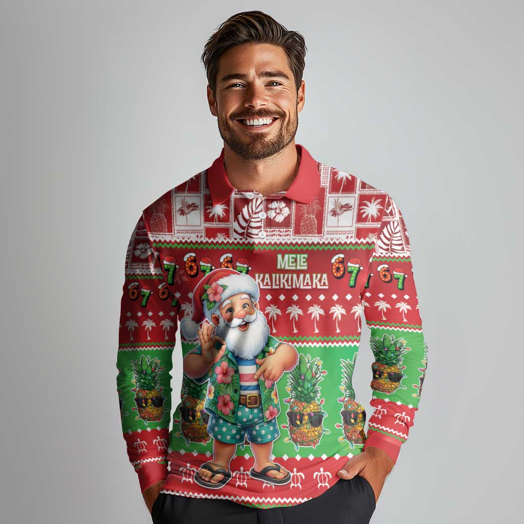 Mele Kalikimaka Hawaii Christmas Long Sleeve Polo Shirt Funny Santa 67 Gen Alpha Slang LT05 - Polynesian Pride