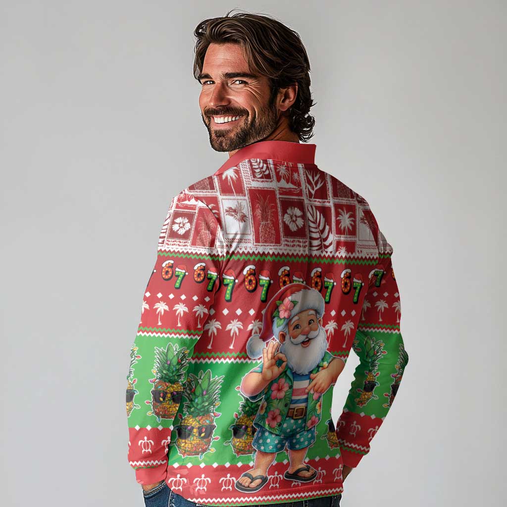 Mele Kalikimaka Hawaii Christmas Long Sleeve Polo Shirt Funny Santa 67 Gen Alpha Slang LT05 - Polynesian Pride