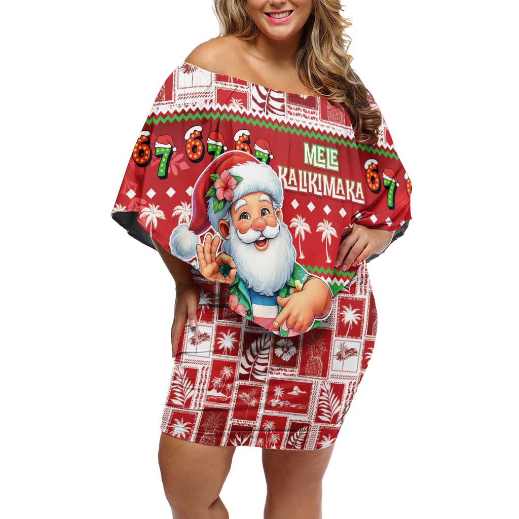 Mele Kalikimaka Hawaii Christmas Off Shoulder Short Dress Funny Santa 67 Gen Alpha Slang LT05 Women Red - Polynesian Pride