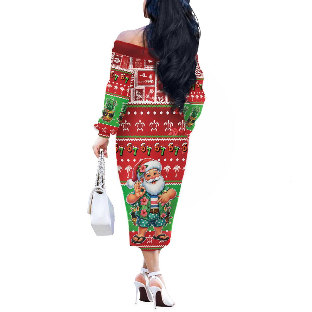 Mele Kalikimaka Hawaii Christmas Off The Shoulder Long Sleeve Dress Funny Santa 67 Gen Alpha Slang LT05 - Polynesian Pride