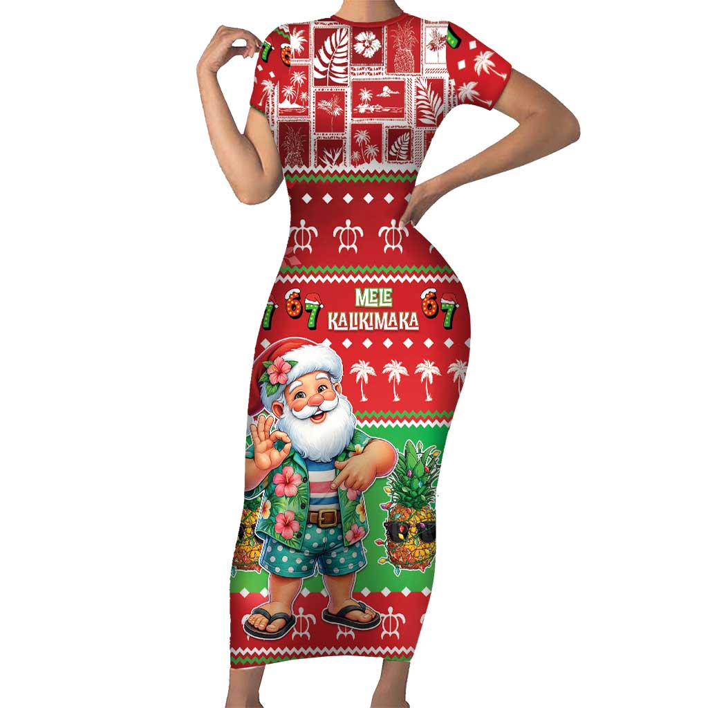 Mele Kalikimaka Hawaii Christmas Short Sleeve Bodycon Dress Funny Santa 67 Gen Alpha Slang LT05 Long Dress Red - Polynesian Pride