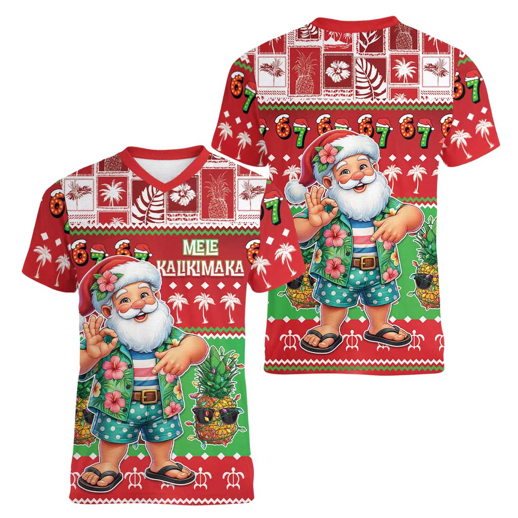 Mele Kalikimaka Hawaii Christmas Women V-Neck T-Shirt Funny Santa 67 Gen Alpha Slang LT05 - Polynesian Pride