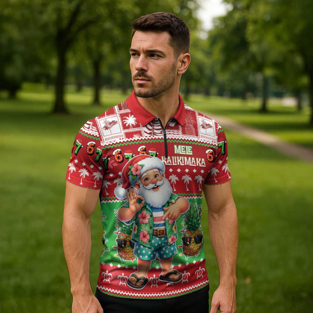 Mele Kalikimaka Hawaii Christmas Zipper Polo Shirt Funny Santa 67 Gen Alpha Slang LT05 - Polynesian Pride
