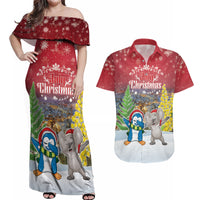 Personalised Christmas In July Couples Matching Off Shoulder Maxi Dress and Hawaiian Shirt Funny Dabbing Dance Koala And Blue Penguins LT05 Red - Polynesian Pride