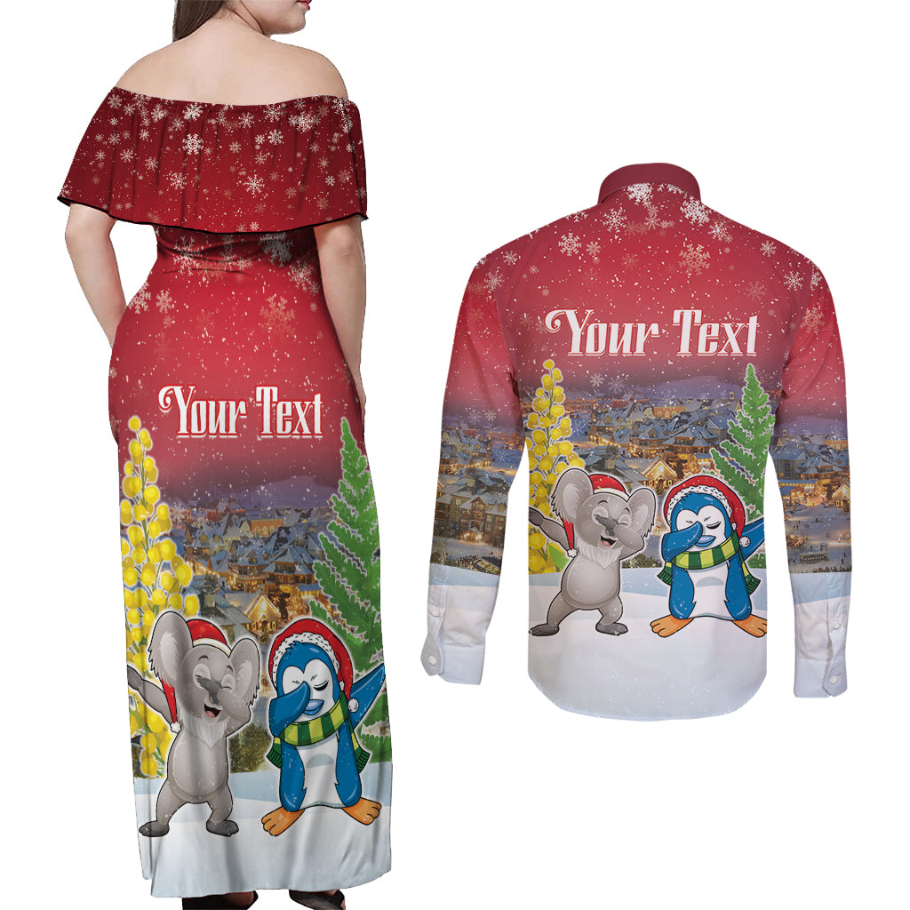 Personalised Christmas In July Couples Matching Off Shoulder Maxi Dress and Long Sleeve Button Shirt Funny Dabbing Dance Koala And Blue Penguins LT05 - Polynesian Pride