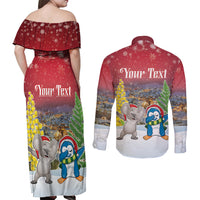 Personalised Christmas In July Couples Matching Off Shoulder Maxi Dress and Long Sleeve Button Shirt Funny Dabbing Dance Koala And Blue Penguins LT05 - Polynesian Pride