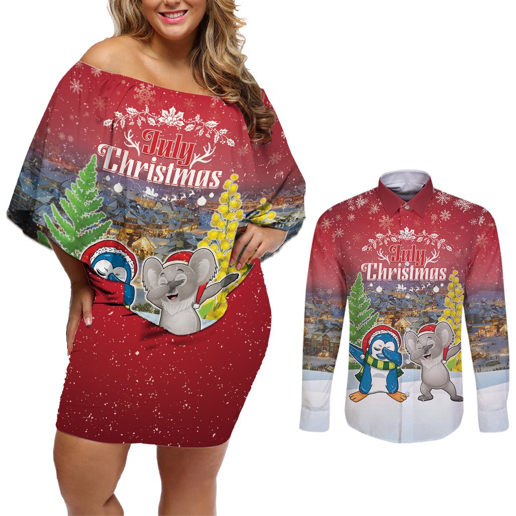 Personalised Christmas In July Couples Matching Off Shoulder Short Dress and Long Sleeve Button Shirt Funny Dabbing Dance Koala And Blue Penguins LT05 Red - Polynesian Pride