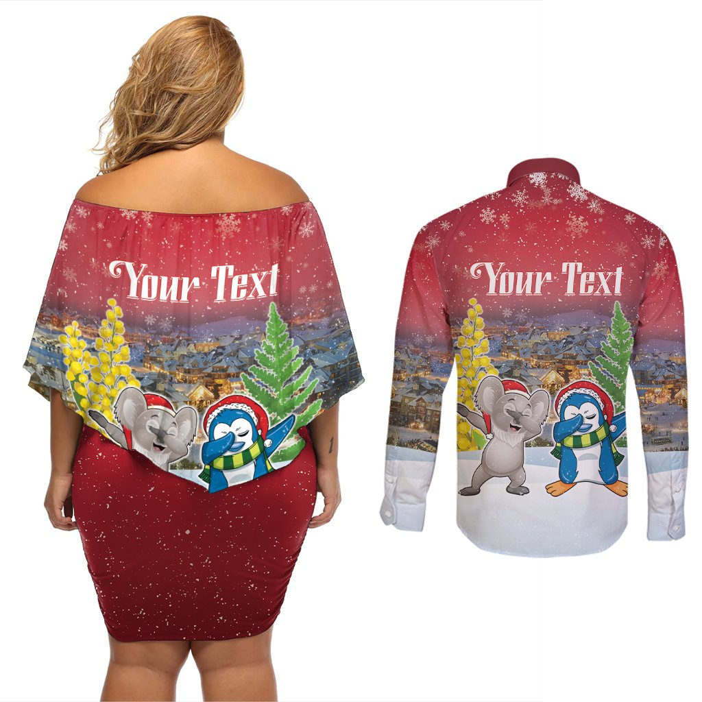 Personalised Christmas In July Couples Matching Off Shoulder Short Dress and Long Sleeve Button Shirt Funny Dabbing Dance Koala And Blue Penguins LT05 - Polynesian Pride