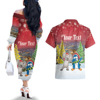 Personalised Christmas In July Couples Matching Off The Shoulder Long Sleeve Dress and Hawaiian Shirt Funny Dabbing Dance Koala And Blue Penguins LT05 - Polynesian Pride