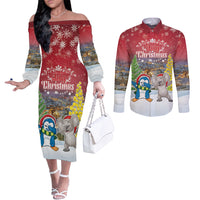 Personalised Christmas In July Couples Matching Off The Shoulder Long Sleeve Dress and Long Sleeve Button Shirt Funny Dabbing Dance Koala And Blue Penguins LT05 Red - Polynesian Pride
