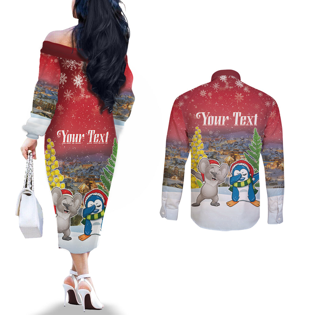 Personalised Christmas In July Couples Matching Off The Shoulder Long Sleeve Dress and Long Sleeve Button Shirt Funny Dabbing Dance Koala And Blue Penguins LT05 - Polynesian Pride