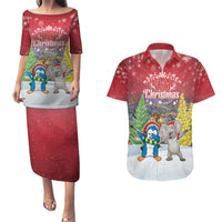 Personalised Christmas In July Couples Matching Puletasi and Hawaiian Shirt Funny Dabbing Dance Koala And Blue Penguins LT05 Red - Polynesian Pride
