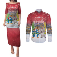 Personalised Christmas In July Couples Matching Puletasi and Long Sleeve Button Shirt Funny Dabbing Dance Koala And Blue Penguins LT05 Red - Polynesian Pride