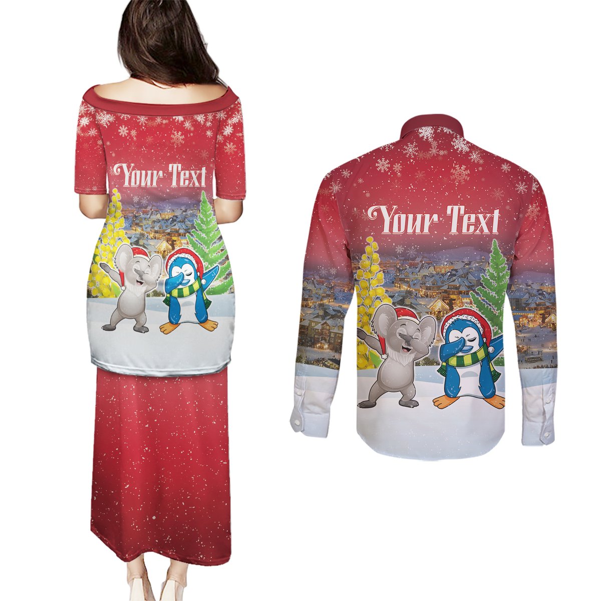 Personalised Christmas In July Couples Matching Puletasi and Long Sleeve Button Shirt Funny Dabbing Dance Koala And Blue Penguins LT05 - Polynesian Pride