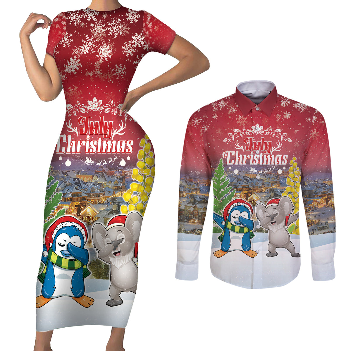 Personalised Christmas In July Couples Matching Short Sleeve Bodycon Dress and Long Sleeve Button Shirt Funny Dabbing Dance Koala And Blue Penguins LT05 Red - Polynesian Pride