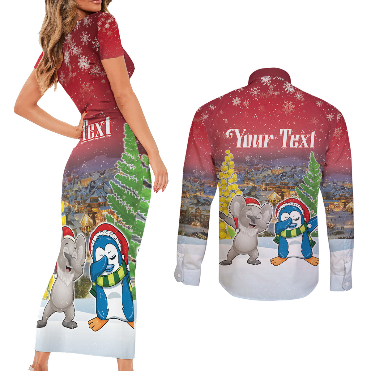 Personalised Christmas In July Couples Matching Short Sleeve Bodycon Dress and Long Sleeve Button Shirt Funny Dabbing Dance Koala And Blue Penguins LT05 - Polynesian Pride