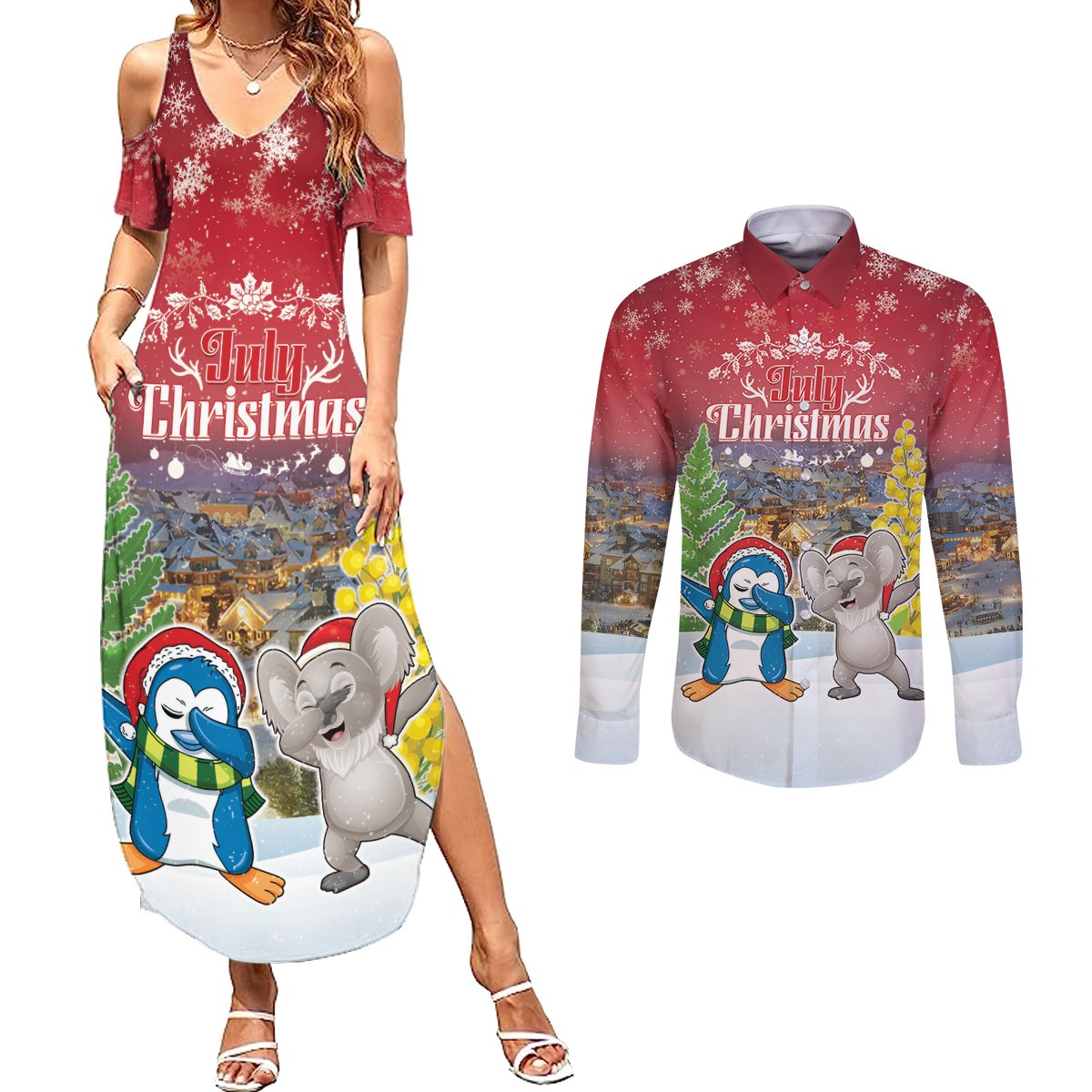 Personalised Christmas In July Couples Matching Summer Maxi Dress and Long Sleeve Button Shirt Funny Dabbing Dance Koala And Blue Penguins LT05 Red - Polynesian Pride
