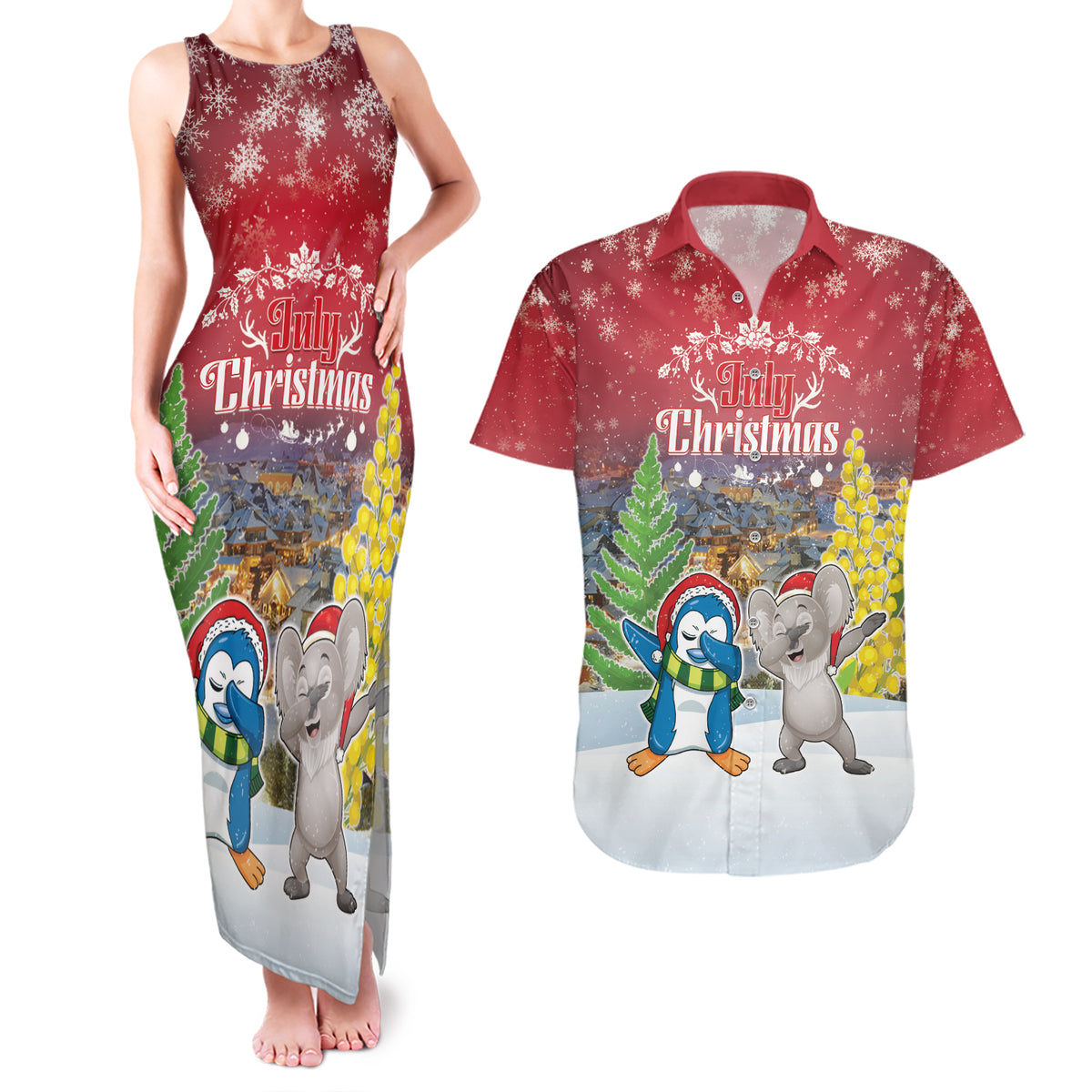 Personalised Christmas In July Couples Matching Tank Maxi Dress and Hawaiian Shirt Funny Dabbing Dance Koala And Blue Penguins LT05 Red - Polynesian Pride