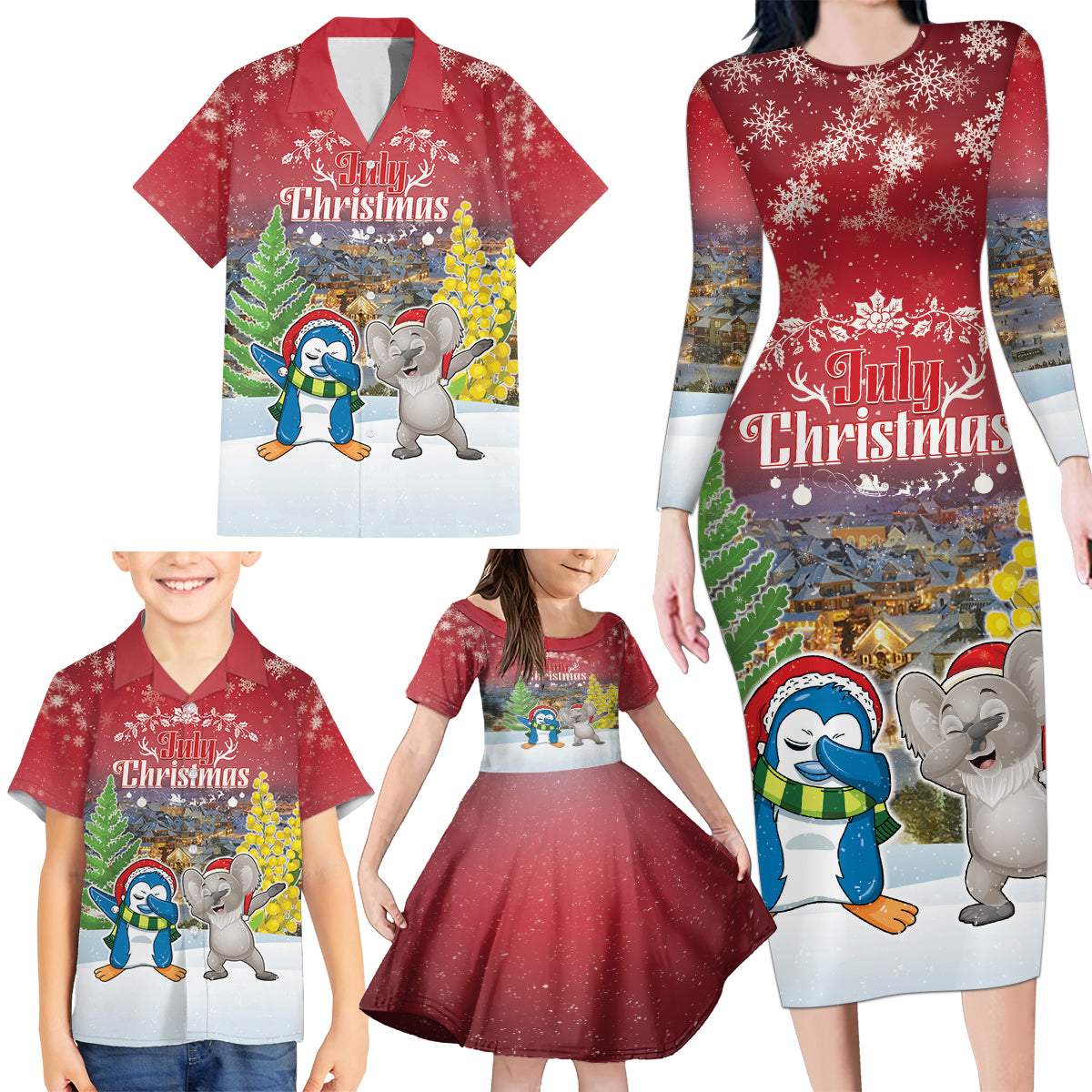 Personalised Christmas In July Family Matching Long Sleeve Bodycon Dress and Hawaiian Shirt Funny Dabbing Dance Koala And Blue Penguins LT05 - Polynesian Pride