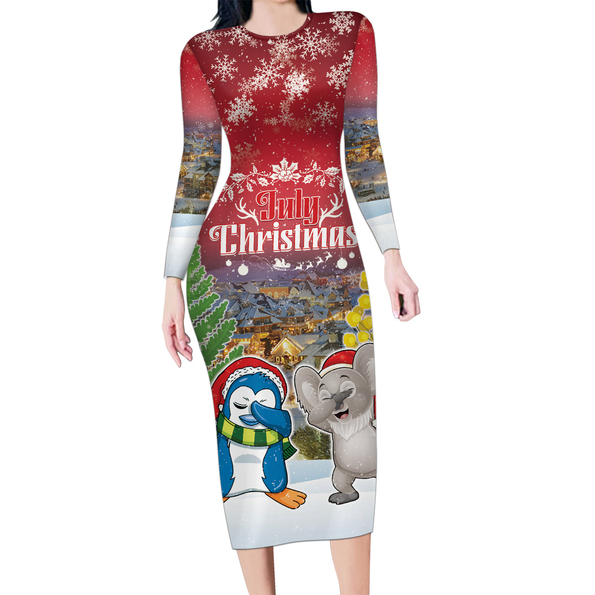 Personalised Christmas In July Family Matching Long Sleeve Bodycon Dress and Hawaiian Shirt Funny Dabbing Dance Koala And Blue Penguins LT05 Mom's Dress Red - Polynesian Pride