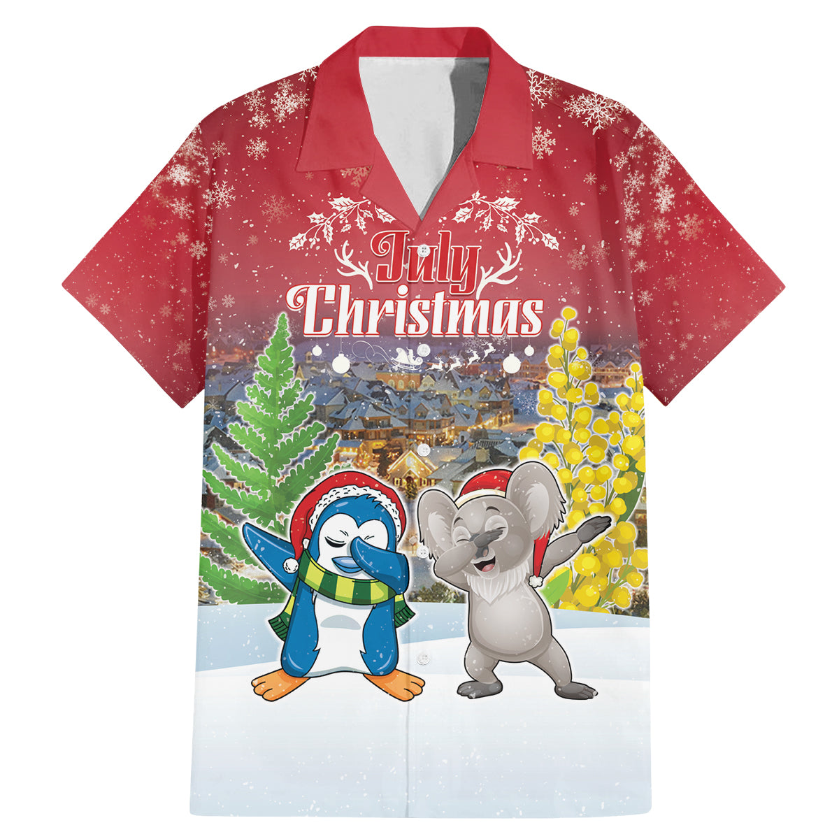 Personalised Christmas In July Family Matching Mermaid Dress and Hawaiian Shirt Funny Dabbing Dance Koala And Blue Penguins LT05 Dad's Shirt - Short Sleeve Red - Polynesian Pride