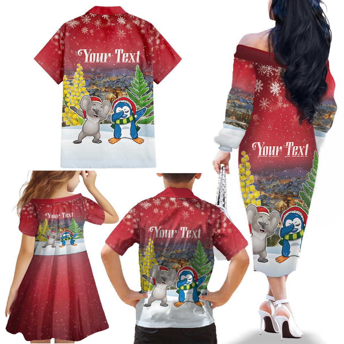 Personalised Christmas In July Family Matching Off The Shoulder Long Sleeve Dress and Hawaiian Shirt Funny Dabbing Dance Koala And Blue Penguins LT05 - Polynesian Pride