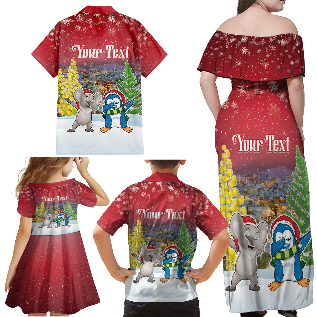 Personalised Christmas In July Family Matching Off Shoulder Maxi Dress and Hawaiian Shirt Funny Dabbing Dance Koala And Blue Penguins LT05 - Polynesian Pride