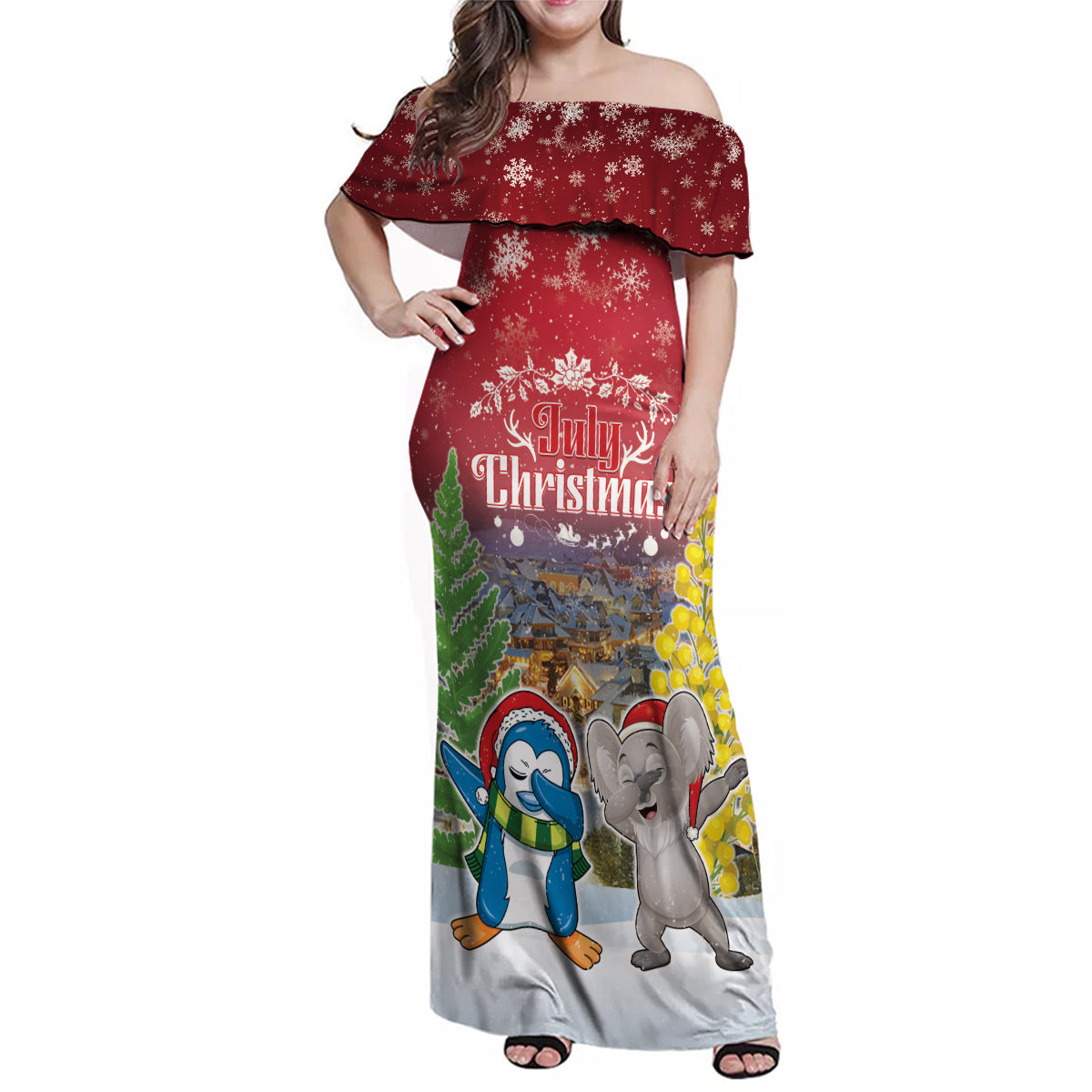 Personalised Christmas In July Family Matching Off Shoulder Maxi Dress and Hawaiian Shirt Funny Dabbing Dance Koala And Blue Penguins LT05 Mom's Dress Red - Polynesian Pride