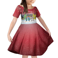 Personalised Christmas In July Family Matching Off Shoulder Short Dress and Hawaiian Shirt Funny Dabbing Dance Koala And Blue Penguins LT05 Daughter's Dress Red - Polynesian Pride