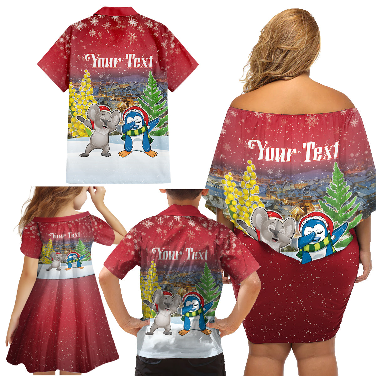 Personalised Christmas In July Family Matching Off Shoulder Short Dress and Hawaiian Shirt Funny Dabbing Dance Koala And Blue Penguins LT05 - Polynesian Pride