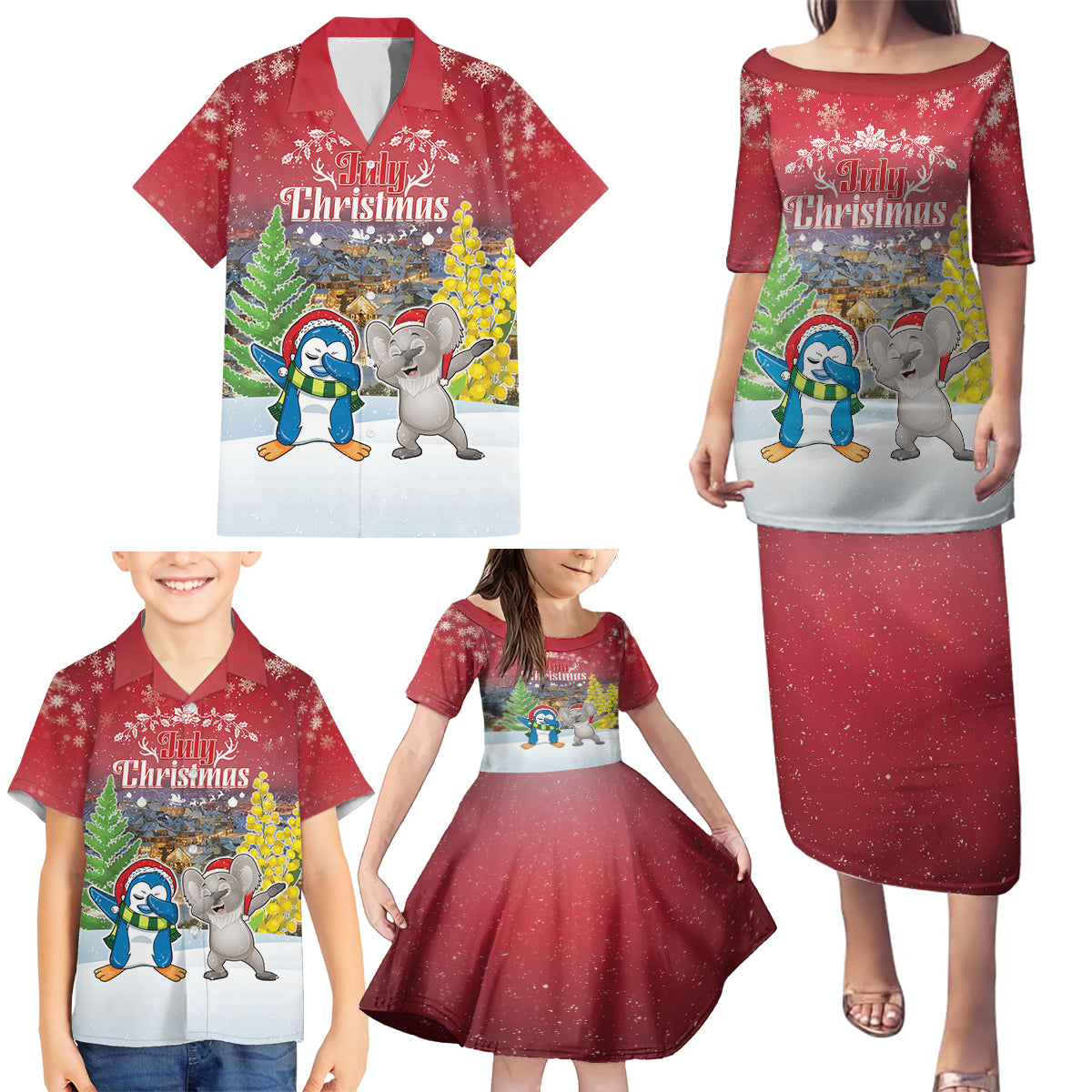 Personalised Christmas In July Family Matching Puletasi and Hawaiian Shirt Funny Dabbing Dance Koala And Blue Penguins LT05 - Polynesian Pride