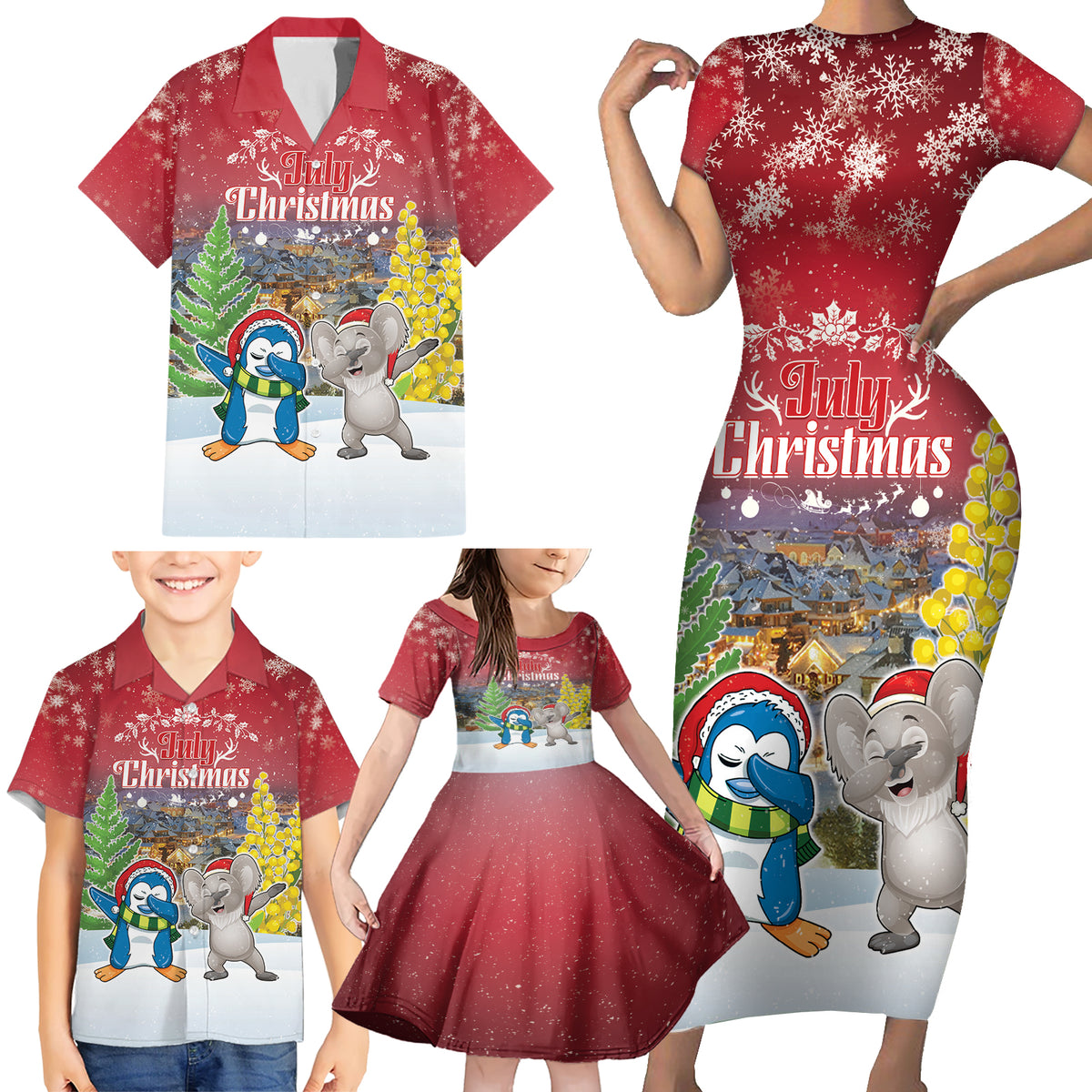 Personalised Christmas In July Family Matching Short Sleeve Bodycon Dress and Hawaiian Shirt Funny Dabbing Dance Koala And Blue Penguins LT05 - Polynesian Pride