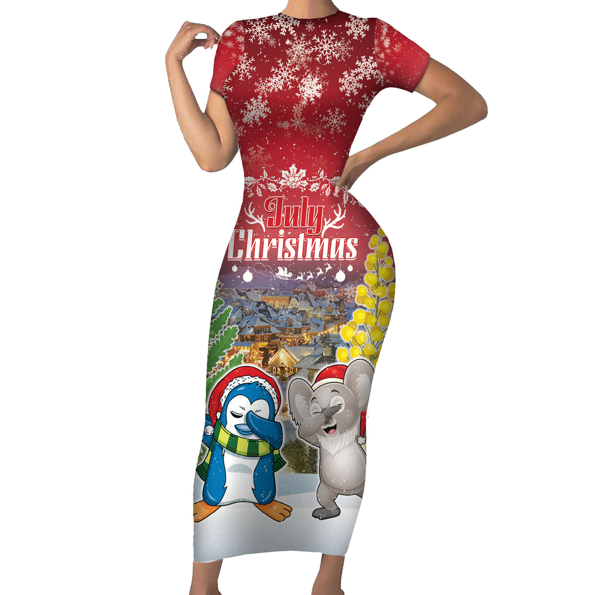 Personalised Christmas In July Family Matching Short Sleeve Bodycon Dress and Hawaiian Shirt Funny Dabbing Dance Koala And Blue Penguins LT05 Mom's Dress Red - Polynesian Pride