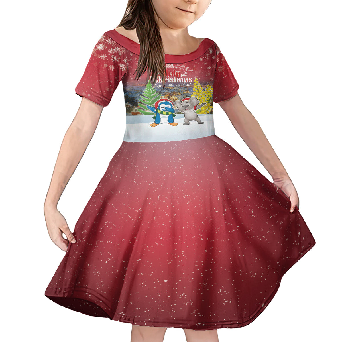 Personalised Christmas In July Family Matching Summer Maxi Dress and Hawaiian Shirt Funny Dabbing Dance Koala And Blue Penguins LT05 Daughter's Dress Red - Polynesian Pride