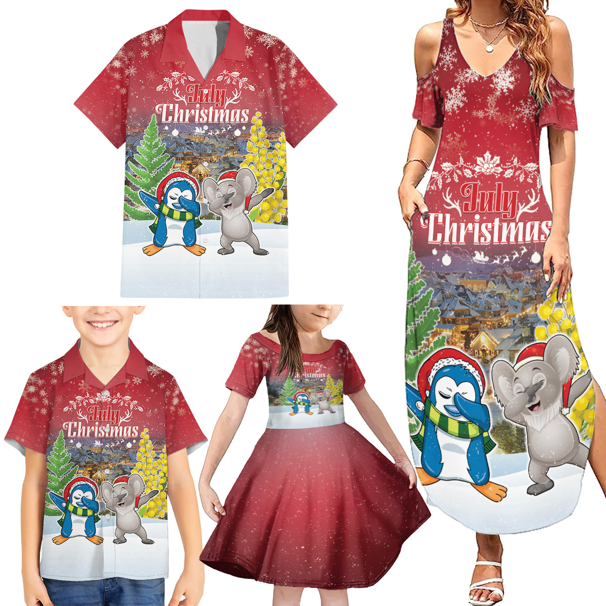 Personalised Christmas In July Family Matching Summer Maxi Dress and Hawaiian Shirt Funny Dabbing Dance Koala And Blue Penguins LT05 - Polynesian Pride