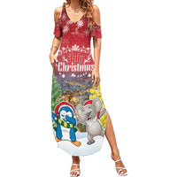 Personalised Christmas In July Family Matching Summer Maxi Dress and Hawaiian Shirt Funny Dabbing Dance Koala And Blue Penguins LT05 Mom's Dress Red - Polynesian Pride